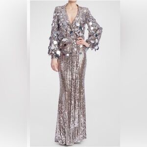 Badgley Mischka Blouson-Sleeve Sequin and Paillette Column Gown